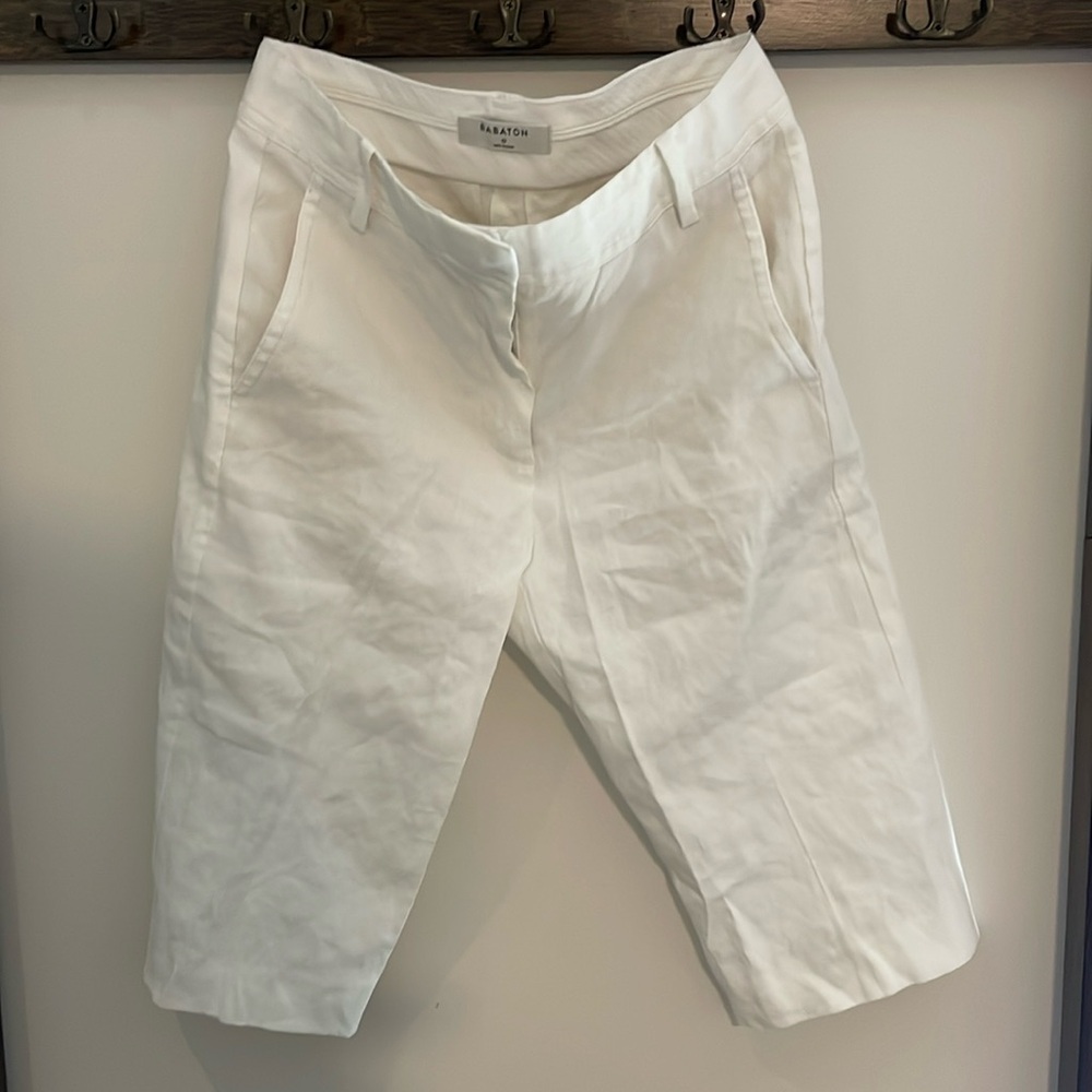 Aritzia Babaton Agency Bermuda Like New White Semi Sheer Linen City Shorts   .